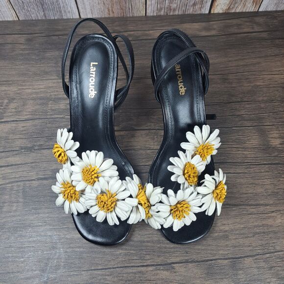 Larroudé Black Leather Floral Daisy Fiore Heel Sandals Women's Sz 6.5 (READ) - Picture 5 of 13